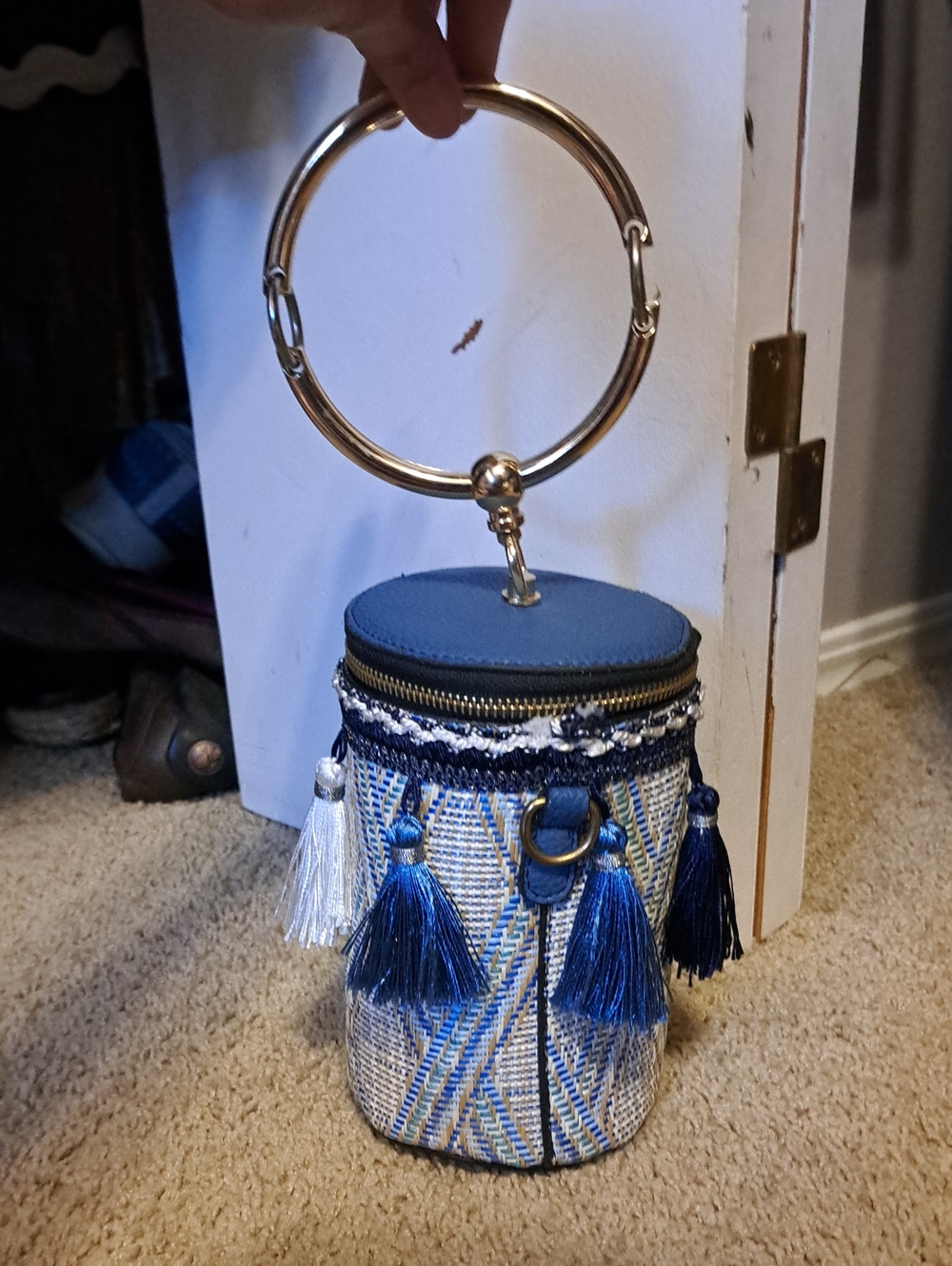 Blue Tassel Embellished Cylinder Wristlet Bag